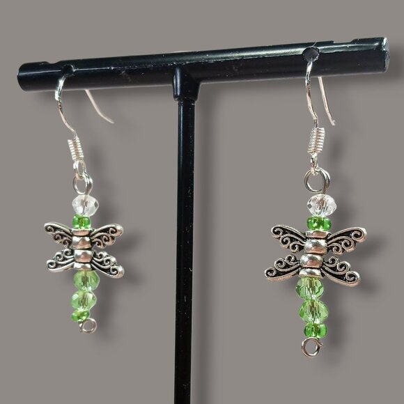 Handmade Green Beaded Dragonfly Dangle Earrings - Picture 2 of 7